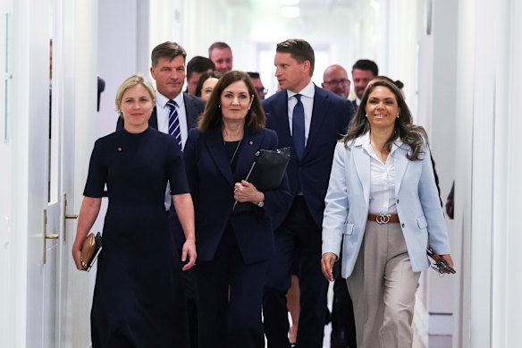 The anti-net zero bloc: Senator Jessica Collins, opposition minister for defence Angus Taylor, Senator Sarah Henderson, Member for Canning Andrew Hastie and Senator Jacinta Nampijinpa Price with other Liberal MPs and senators arrive for their party room showdown on Wednesday. 