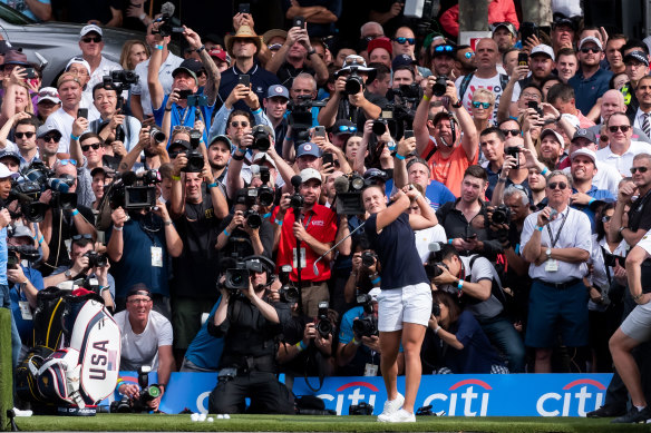 Ash Barty takes part in a promotional event before the 2019 Presidents Cup.