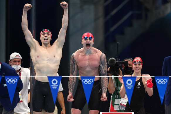 James Guy and Adam Peaty let it all out while Kathleen Dawson looks on.