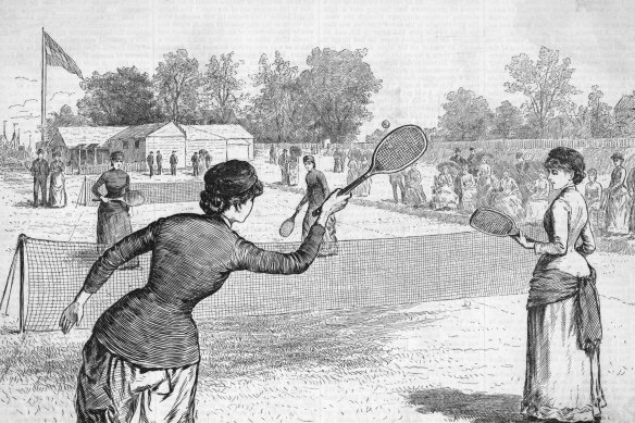 A drawing from 1883, of the Ladies’ Lawn Tennis tournament held at the Staten Island Cricket Club grounds.
