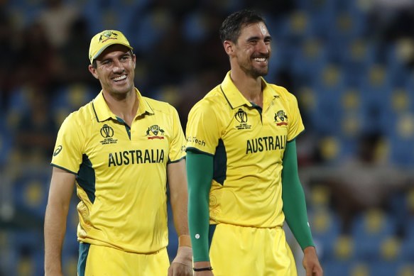 Pat Cummins and Mitchell Starc smile wryly as the Starc rips through the Netherlands top order in the World Cup warm-up game.
