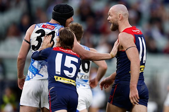 Tristan Xerri and Max Gawn clash at the MCG.