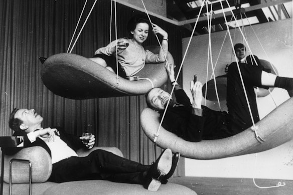 The spirit of the 1970s informs the reimagination of the Wynyard building. German designer Verner Panton was known for his playful designs. This image shows chairs hung from the ceiling to prevent furniture cluttering up the floor. 
