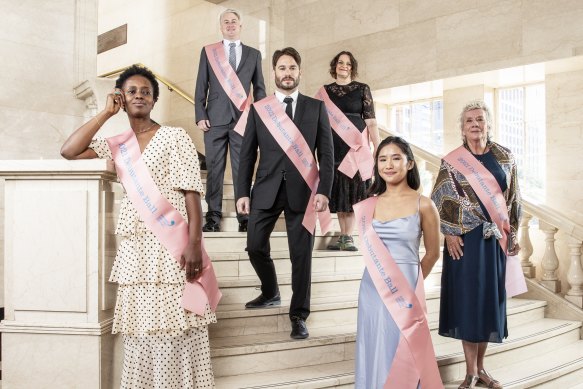 Making an entrance: authors (left to right) Aminata Conteh-Biger, Sam Coley, Andrew Pippos, Ewa Ramsey, Vivian Pham, and Julie Janson prepare for Sunday’s Sydney Writers’ Festival Debutante Ball.