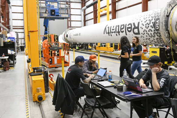 Relativity Space engineers and technicians prepare the Terran 1 rocket, the first 3D-printed rocket, in January.