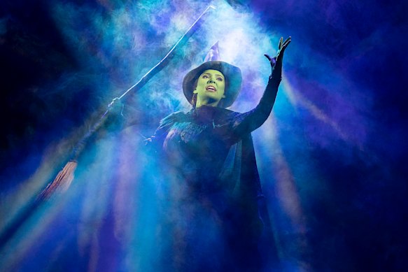 Adams is pictured here performing Defying Gravity, the climax of Act One that’s widely considered one of the most difficult songs to sing. In the Wicked stage show, actors have to navigate soaring high notes while suspended above the stage.