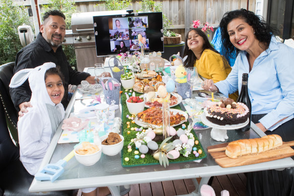 Liliana and Jeff Sanelli with daughters Saraya, 10, and Sapphire, 6, who will connect with family virtually this Easter.