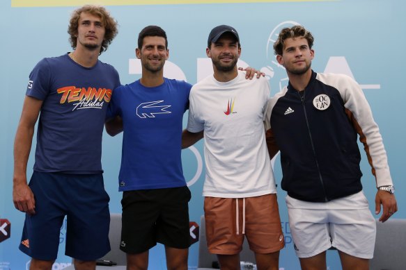 Novak Djokovic with Alexander Zverev, Grigor Dimitrov and Dominic Thiem after a press conference before the Adria Tour, in Belgrade, Serbia. 