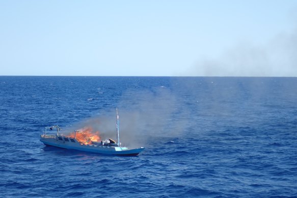 An illegal fishing boat destroyed by Australian Border Force in 2021. 