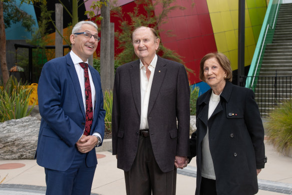 Minister Danny Pearson with John and Pauline Gandel in the children’s garden at Melbourne Museum. 
