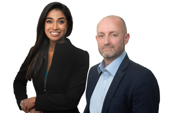 Mariam Riza (left), the Liberal Party’s candidate for lord mayor of Melbourne, and councillor candidate Owen Guest.