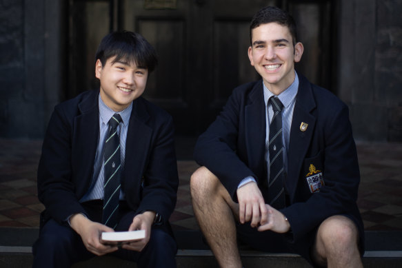 Melbourne Grammar School students Michael Wang (left) and Georgios Pirpiris study Latin.