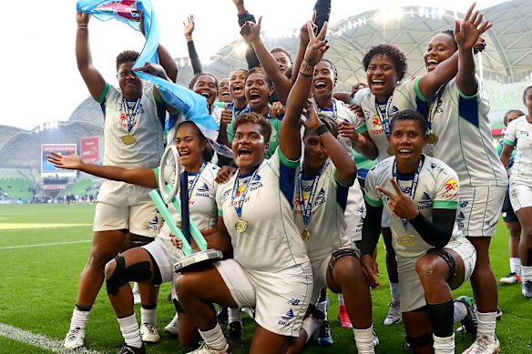 Fijian Drua players after winning the Super W competition in 2022.