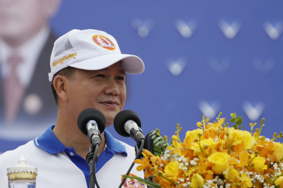 Hun Manet, son of Hun Sen, delivers a speech to mark the end of the election campaign.