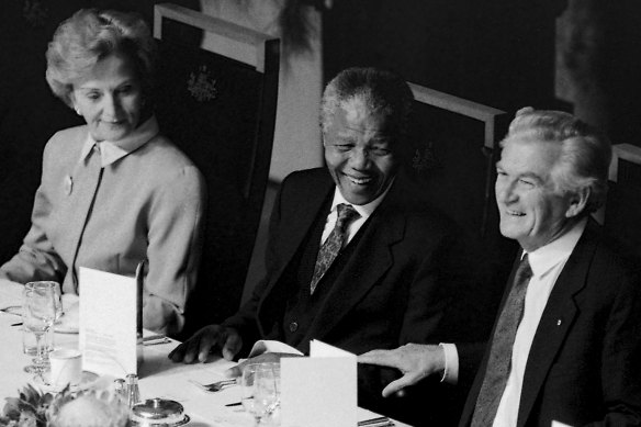 Nelson Mandela was released from prison in 1990. He met Bob and Hazel Hawke in Canberra that year.