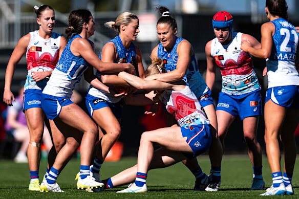 Jumper clash: The Roos and Bulldogs wore very similar jumpers on Saturday.