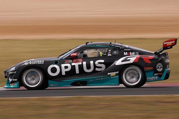 Chaz Mostert drives the #1 Mobil1 Optus Racing Toyota GR Supra during practice on Saturday. 