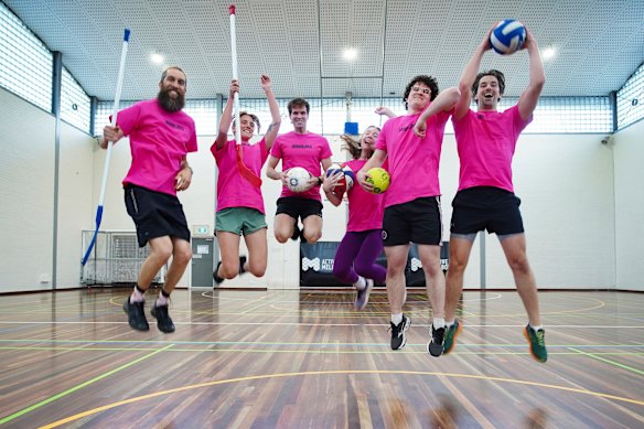 Left to right: Sam Osborn-Rassaby, Kylie Abrahams, Hugh Tabart, Renee Gonlag, Lachlan Florez and Stu McCluskey of the Mystic Flames multisport team.