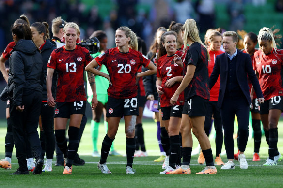 Canada’s Sophie Schmidt and Cloe Lacasse look dejected after the draw with Nigeria.
