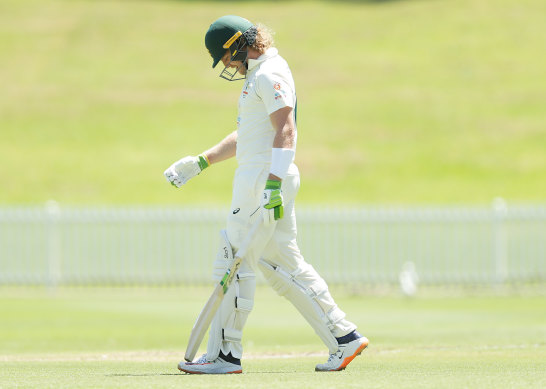 Test aspirant Will Pucovski trudges off Drummoyne Oval after falling cheaply for Australia A.