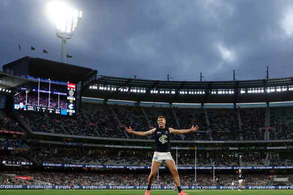 Patrick Cripps kicked a brilliant goal on the way to a best-on-ground performance under lights against Richmond.