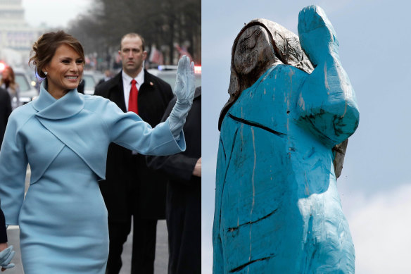 The original wooden sculpture depicting Melania Trump, right, was set on fire in her hometown.