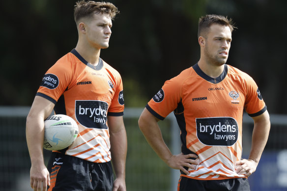 Jake Simpkin and Luke Brooks at the Tigers’ training session on Wednesday.