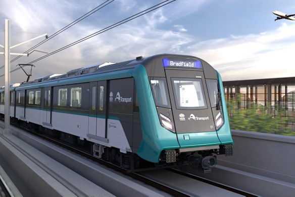 Uma representação de um trem sem condutor para a linha Western Sydney Airport Metro.