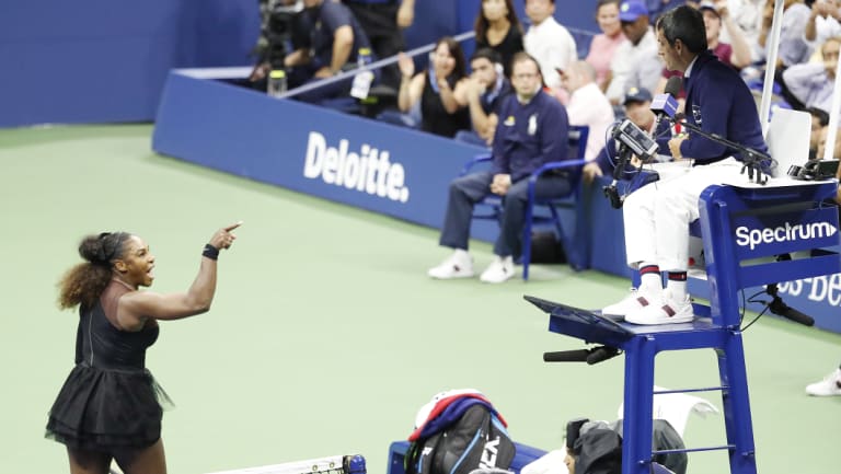 Williams gestures towards chair umpire Carlos Ramos during her US Open final defeat.