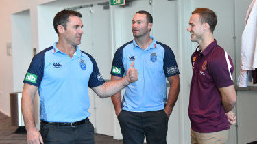 Easy: Brad Fittler has a laugh with Boyd Cordner and Daly Cherry-Evans.