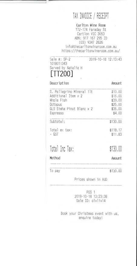 Receipt for lunch with Anna Schwartz at Carlton Wine Room.