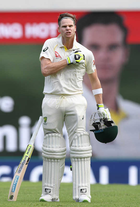 The captain celebrating after reaching his century at the Gabba in Brisbane last November.