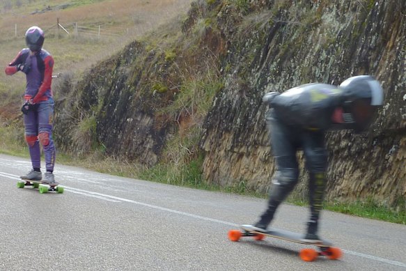 Skateboarding on the Wee Jasper Road.