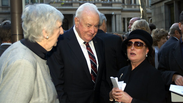 Margaret and Gough Whitlam with Ainsley Gotto at Sir John Gorton's memorial service.