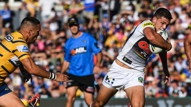 Nathan Cleary makes a break against the Eels at Panthers Stadium.