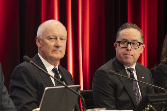 Qantas chair Richard Goyder and former CEO Alan Joyce at the airline’s AGM in November 2022.