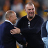 Michael Cheika shakes hands with Eddie Jones during a Argentina-Wallabies clash in 2023.