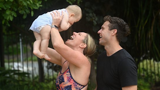 Emily Seebohm with her partner Ryan and son Sampson. 