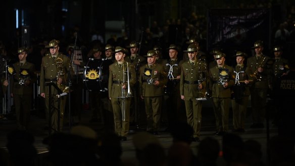 The Australian Army band during ANZAC day dawn service in Martin Place, Sydney. NSW. April 25, 2024. Photo: Kate Geraghty 
