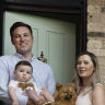 Josh Dorey, son Huxley and wife Amanda Koo with their dog Rosie at their Edgecliffe home.