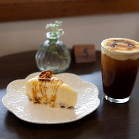 Yuzu brulee cheesecake and Basque iced long black.