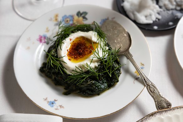 Borani, garlicky steamed spinach topped with yoghurt, is deeply savoury, silky and comforting.