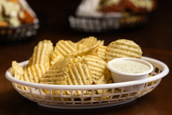 The menu is currently hot chip-free, but you can get a basket of Smith’s Salt &amp; Vinegar crisps with ranch.