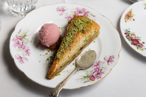 Baklava with pomegranate sorbet.