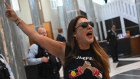 Independent Senator Lidia Thorpe protests inside the Marble Foyer at Parliament House on Thursday.