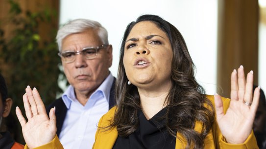 Getting the No tone right? Senator Jacinta Nampijinpa Price with fellow No campaigner Warren Mundine.