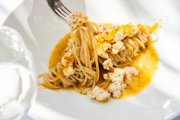 The champagne lobster spaghettini dish is just viscous enough to allow the pasta to easily twirl around the fork.