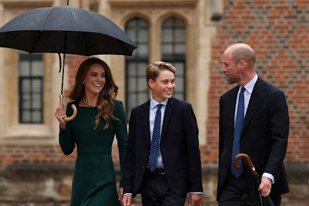Kate, Princess of Wales, left, and Britain’s Prince William walk with their 13-year-old son, Britain’s Prince George, as he arrives for his first day at Eton College, in Eton, west of London, Tuesday, Sept. 8, 2026