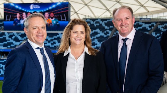 Nine CEO Matt Stanton, Nine Chair Catherine West and World Rugby Chair Brett Robinson.