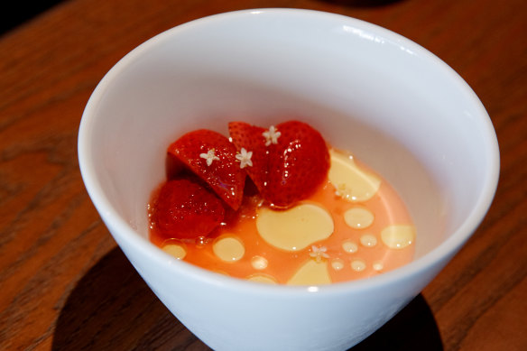 Buttermilk pannacotta with white balsamic vinegar pickled strawberries with Moonacre Farm rhubarb and Hardy’s Mammoth olive oil. The buttermilk is made in-house.